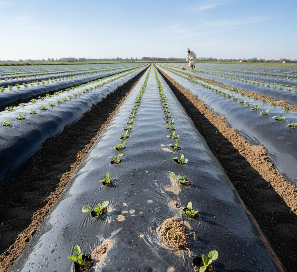 काले प्लास्टिक की मल्च शीट से खरपतवार नियंत्रण